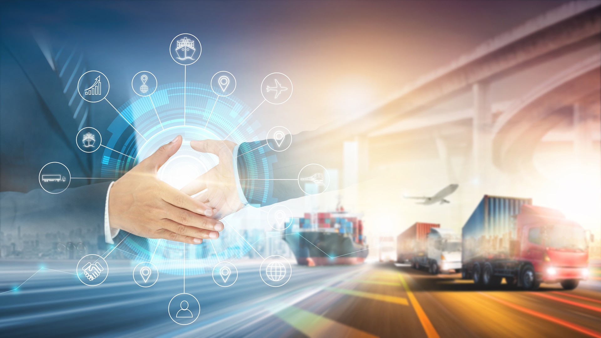 International partnership logistics import export transport concept of handshake with global business network distribution and shipping freight delivery service, Successful investment partners deal